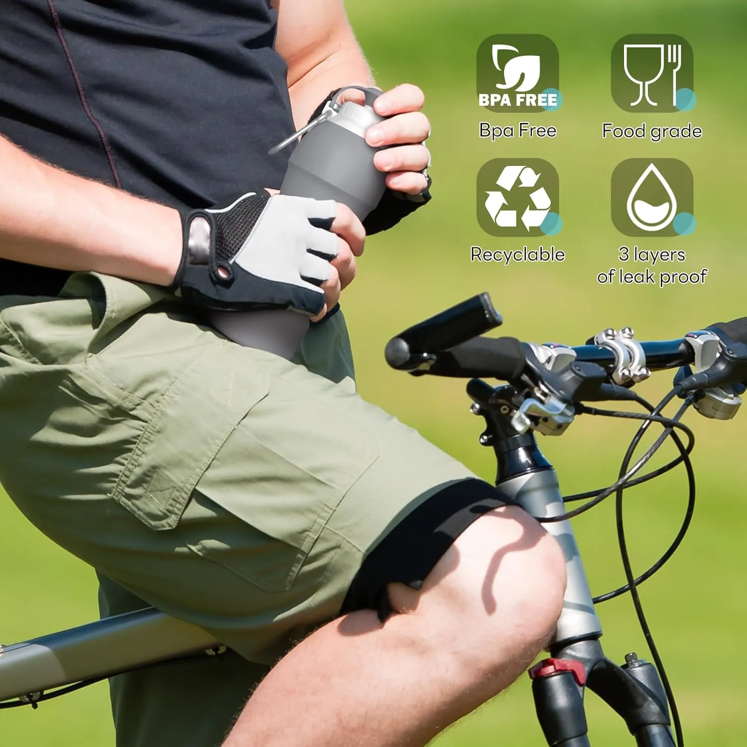 Collapsible Lightweight 20oz Water Bottle, Food-Grade Silicone BPA Free, Foldable Portable Leak Proof Office Travel Cycling Sports Outdoor Water Bottle with Vertical Hook (grey, Short nozzle)
