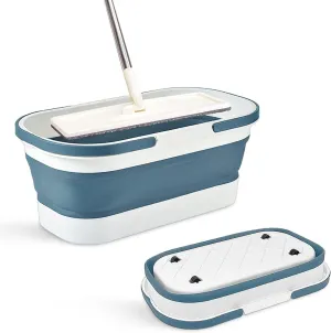 Collapsible Mop Bucket with Handle - 12L/3.17 Gallon Small Foldable Bucket with Wheels for House Cleaning/Car Washing/Camping Portable Rectangular Handy Basket Plastic Bucket for Cleaning Mop (Blue)