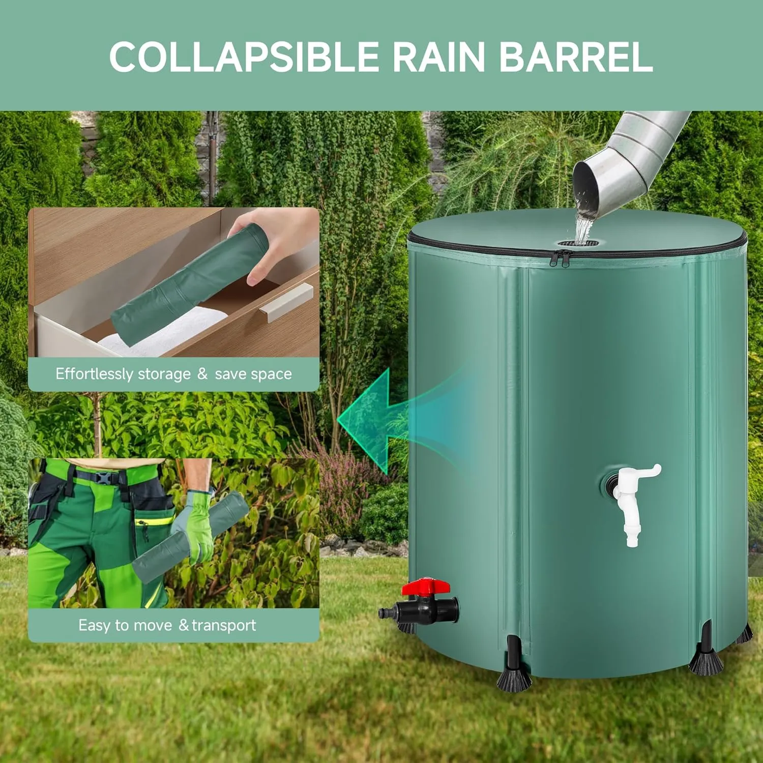 Collapsible Rain Barrel Water Storage Containers-53 Gallon Portable Rainwater Collect System Water Tank to Collect Rainwater from Gutter Downspout Water Catcher with Spigots,Filter＆Overflow Kit