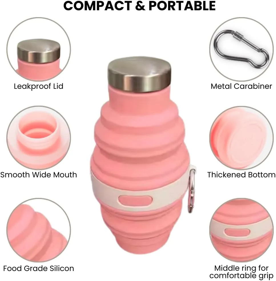 Collapsible Silicone Water Bottle with Carabiner, 475ml/17oz, BPA-Free, Leak-Proof, Lightweight & Durable for Travel, Gym, Camping (Pink)