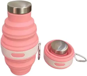 Collapsible Silicone Water Bottle with Carabiner, 475ml/17oz, BPA-Free, Leak-Proof, Lightweight & Durable for Travel, Gym, Camping (Pink)