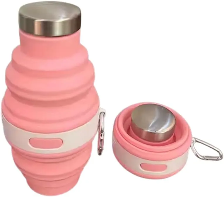 Collapsible Silicone Water Bottle with Carabiner, 475ml/17oz, BPA-Free, Leak-Proof, Lightweight & Durable for Travel, Gym, Camping (Pink)