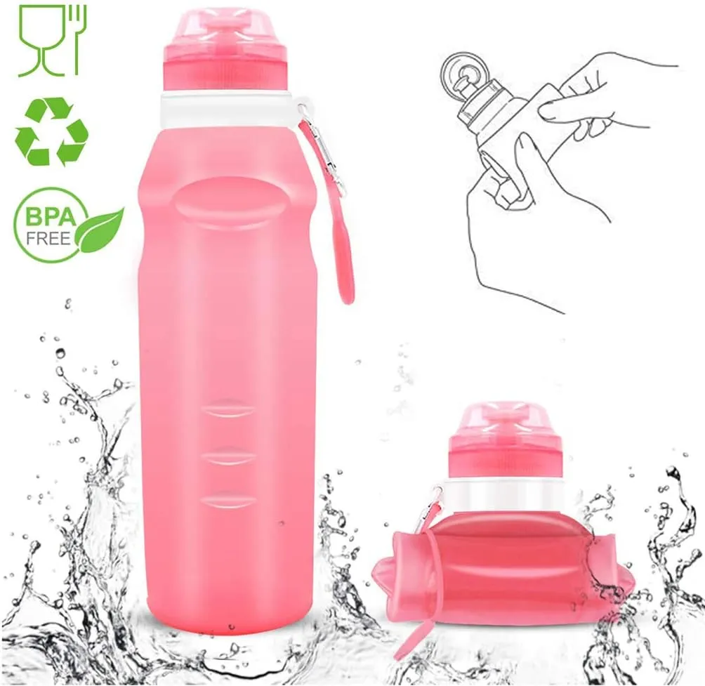 Collapsible Water Bottle, 20oz/600ml Portable Silicone Sports Water Bottle with Clip, BPA Free Travel Water Bottle, Can Roll Up, Double LeakProof Water Bottle for Yoga Outdoor Camping (pink)