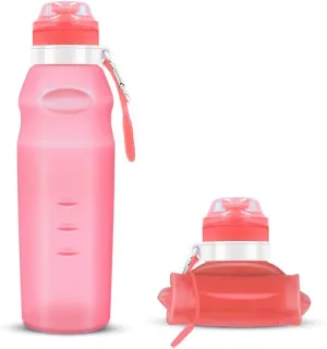 Collapsible Water Bottle, 20oz/600ml Portable Silicone Sports Water Bottle with Clip, BPA Free Travel Water Bottle, Can Roll Up, Double LeakProof Water Bottle for Yoga Outdoor Camping (pink)