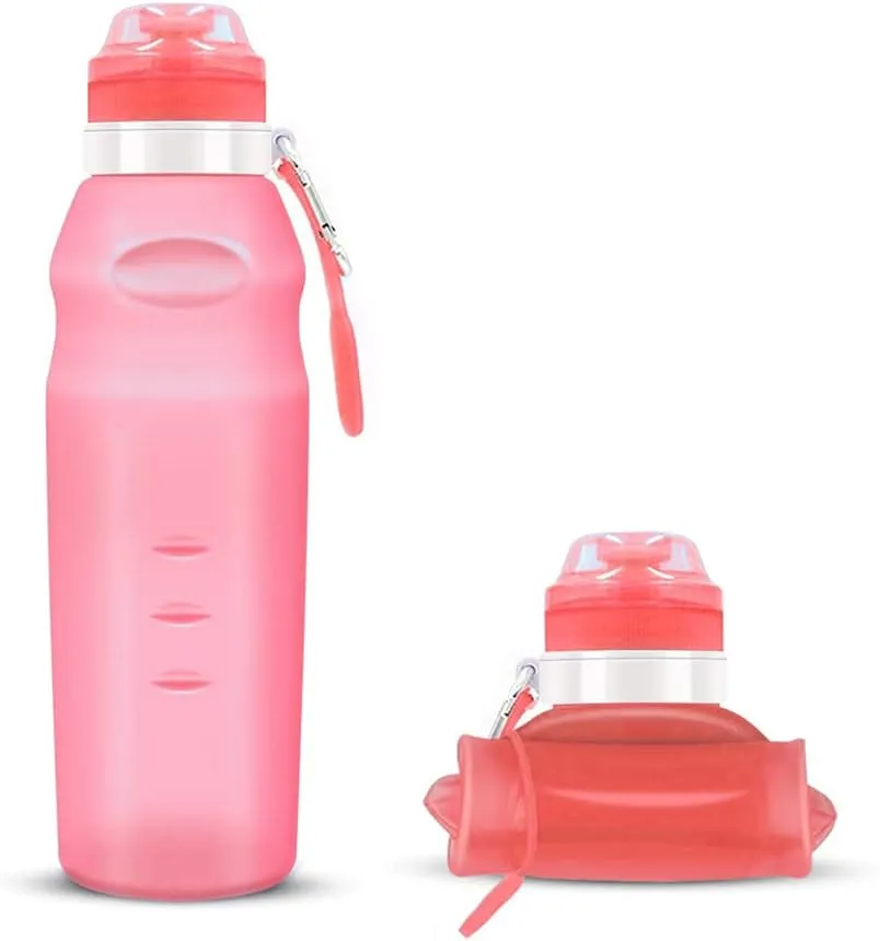 Collapsible Water Bottle, 20oz/600ml Portable Silicone Sports Water Bottle with Clip, BPA Free Travel Water Bottle, Can Roll Up, Double LeakProof Water Bottle for Yoga Outdoor Camping (pink)
