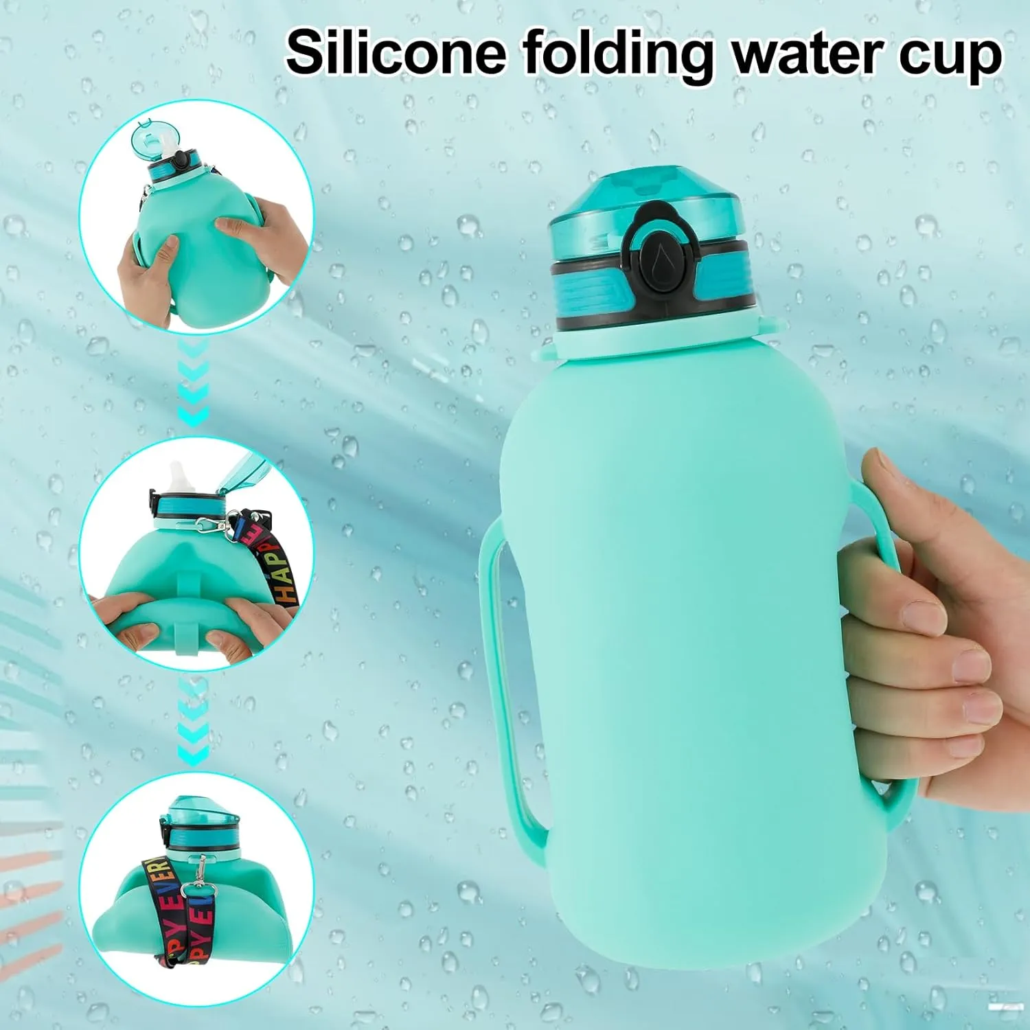 Collapsible Water Bottle 2L/64oz Sport Water Bottle with Mark Foldable Water Bottle with Strap Handle BPA Free Silicone Water Bottle with Detachable Straw for Fitness (Green)