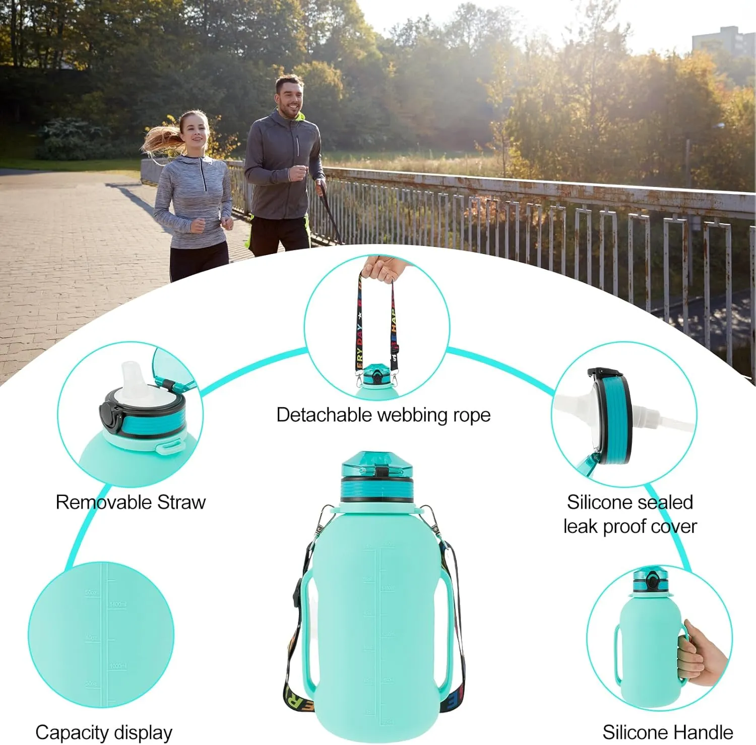 Collapsible Water Bottle 2L/64oz Sport Water Bottle with Mark Foldable Water Bottle with Strap Handle BPA Free Silicone Water Bottle with Detachable Straw for Fitness (Green)