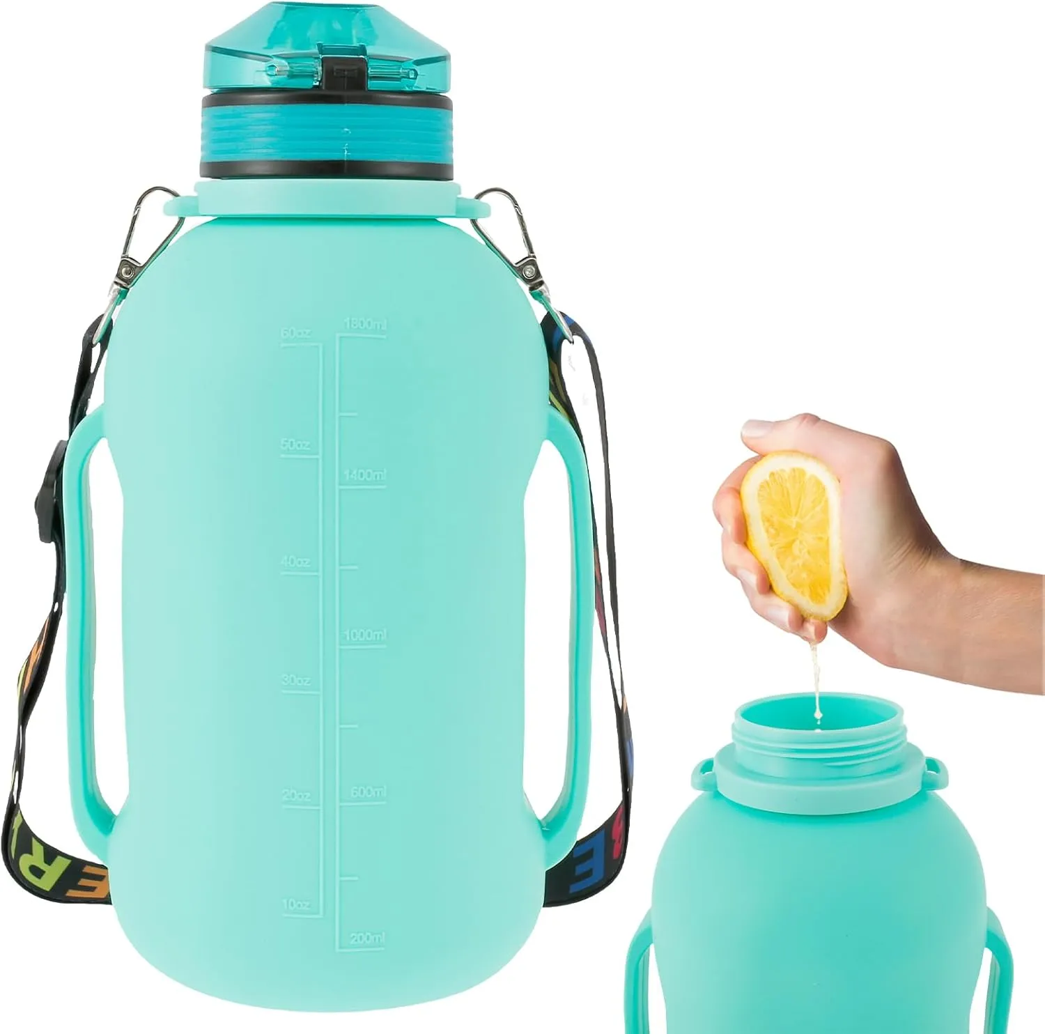 Collapsible Water Bottle 2L/64oz Sport Water Bottle with Mark Foldable Water Bottle with Strap Handle BPA Free Silicone Water Bottle with Detachable Straw for Fitness (Green)