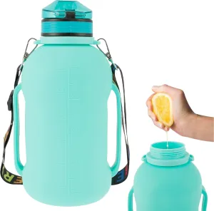 Collapsible Water Bottle 2L/64oz Sport Water Bottle with Mark Foldable Water Bottle with Strap Handle BPA Free Silicone Water Bottle with Detachable Straw for Fitness (Green)