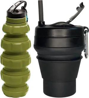 Collapsible Water Bottle and Reusable Coffee Cup Bundle - Collapsible Cups for Traveling and Camping - Green Travel Water Bottle - 16oz Mug & 20oz Bottle