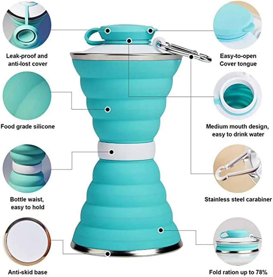 Collapsible Water Bottle, Camping Cup With Carabiner, Reuseable Silicone Foldable Leak Proof Portable Sports Travel Water Bottles For Outdoor, Travel Gym Hiking, BPA Free, Cycling Cups with Carabiner