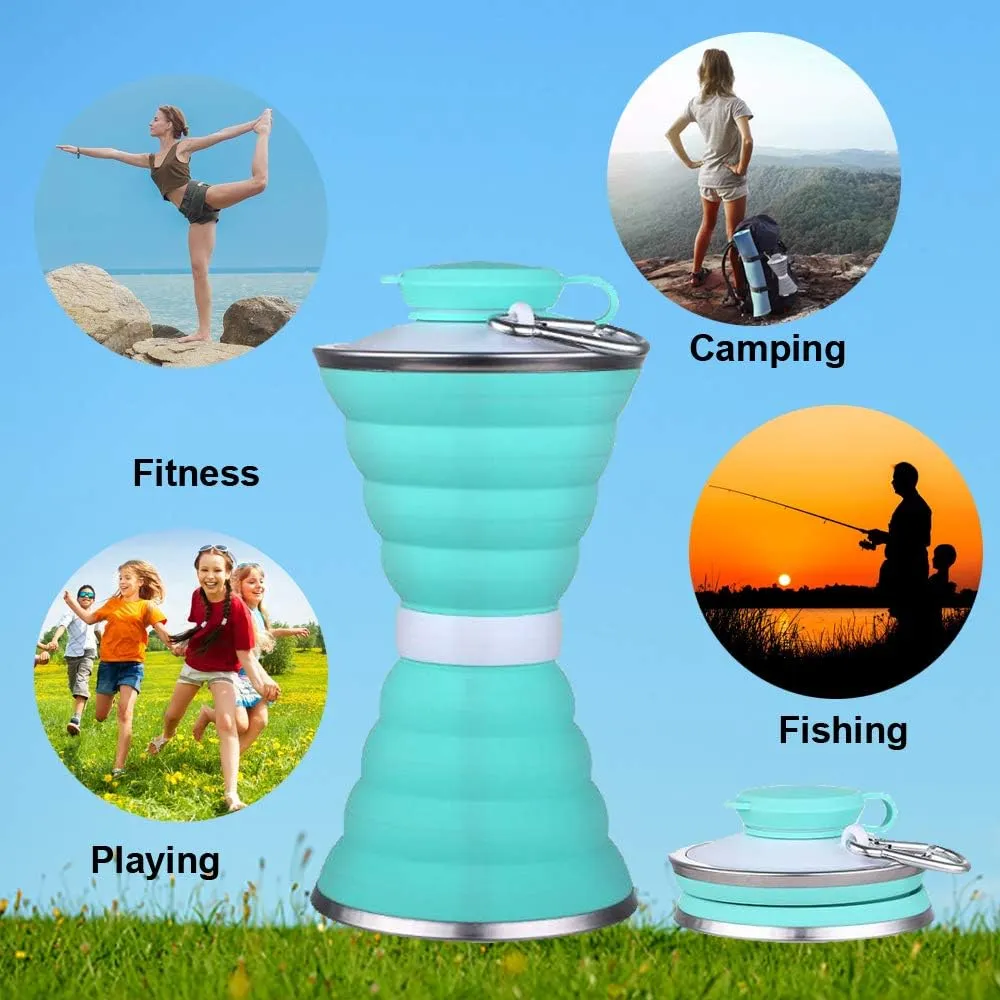 Collapsible Water Bottle, Camping Cup With Carabiner, Reuseable Silicone Foldable Leak Proof Portable Sports Travel Water Bottles For Outdoor, Travel Gym Hiking, BPA Free, Cycling Cups with Carabiner