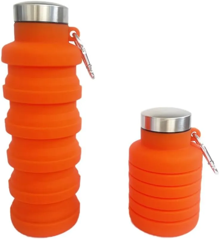 Collapsible Water Bottle with Handle, Silicone Travel Bottle, Blue (Carabiner, Orange)