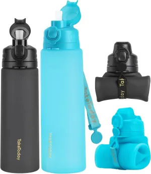 Collapsible Water Bottles 20oz Black and 32oz Blue, Leak Proof, BPA-Free, Foldable Silicone Travel Water Bottle with Straw Strap for Cycling, Hiking, Outdoors