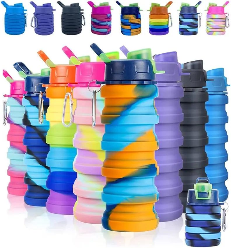 Collapsible Water Bottles 3 Pack Silicone Water Bottle with Carabiner BPA Free Expandable Water Bottle 500ml Portable Sport Water Bottle for Travel Camping. (Black Purple Blue)