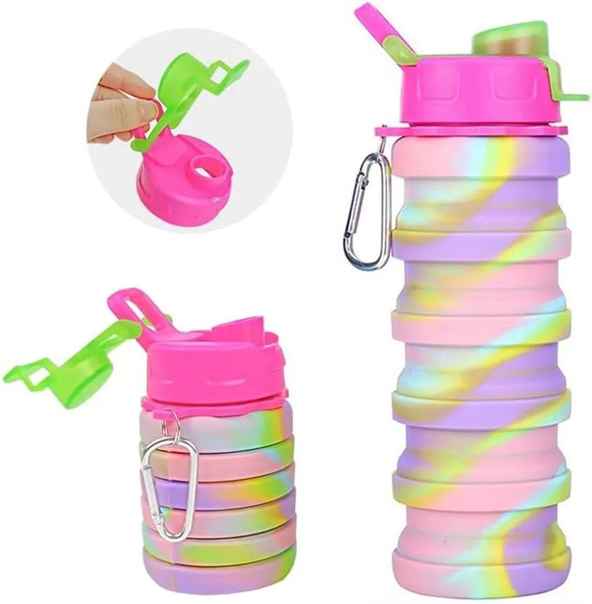 Collapsible Water Bottles 3 Pack Silicone Water Bottle with Carabiner BPA Free Expandable Water Bottle 500ml Portable Sport Water Bottle for Travel Camping. (Black Purple Blue)