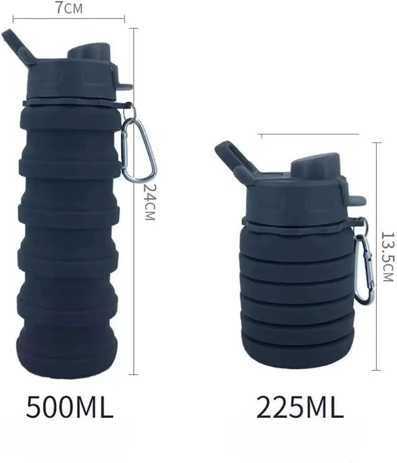 Collapsible Water Bottles 3 Pack Silicone Water Bottle with Carabiner BPA Free Expandable Water Bottle 500ml Portable Sport Water Bottle for Travel Camping. (Black Purple Blue)