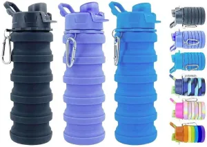 Collapsible Water Bottles 3 Pack Silicone Water Bottle with Carabiner BPA Free Expandable Water Bottle 500ml Portable Sport Water Bottle for Travel Camping. (Black Purple Blue)