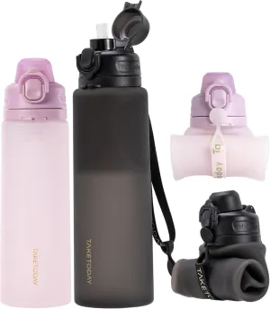 Collapsible Water Bottles 32oz Black and 20oz Mauve, Foldable Travel Water Bottle with Straw, BPA Free, Silicone Water Bottle Leakproof for Hiking, International Travel, Outdoors