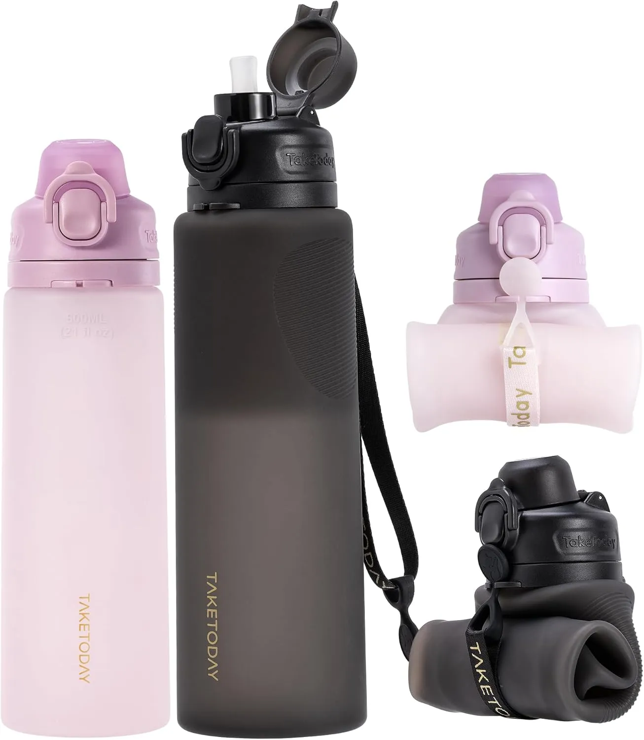 Collapsible Water Bottles 32oz Black and 20oz Mauve, Foldable Travel Water Bottle with Straw, BPA Free, Silicone Water Bottle Leakproof for Hiking, International Travel, Outdoors