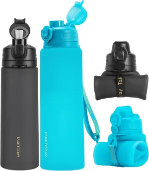 Collapsible Water Bottles 32oz Blue and 20oz Black, Foldable Travel Water Bottle with Strap, BPA Free, Silicone Water Bottle Leakproof for Hiking, International Travel, Outdoors