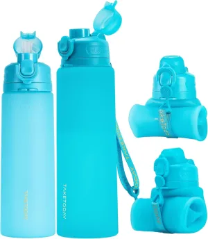 Collapsible Water Bottles 32oz Blue and 20oz Blue, Foldable Travel Water Bottle with Strap, BPA Free, Silicone Water Bottle Leakproof for Hiking, International Travel, Outdoors