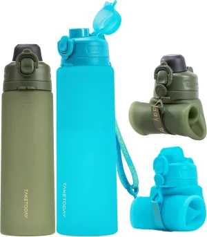 Collapsible Water Bottles 32oz Blue and Jungle 20oz, Foldable Travel Water Bottle with Strap, BPA Free, Silicone Water Bottle Leakproof for Hiking, International Travel, Outdoors