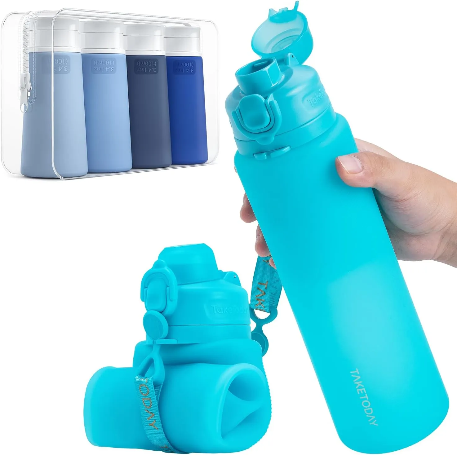 Collapsible Water Bottles 32oz, Foldable Travel Water Bottle with Strap, BPA Free, Silicone Water Bottle Leakproof for Hiking, International Travel, Outdoors (Blue)