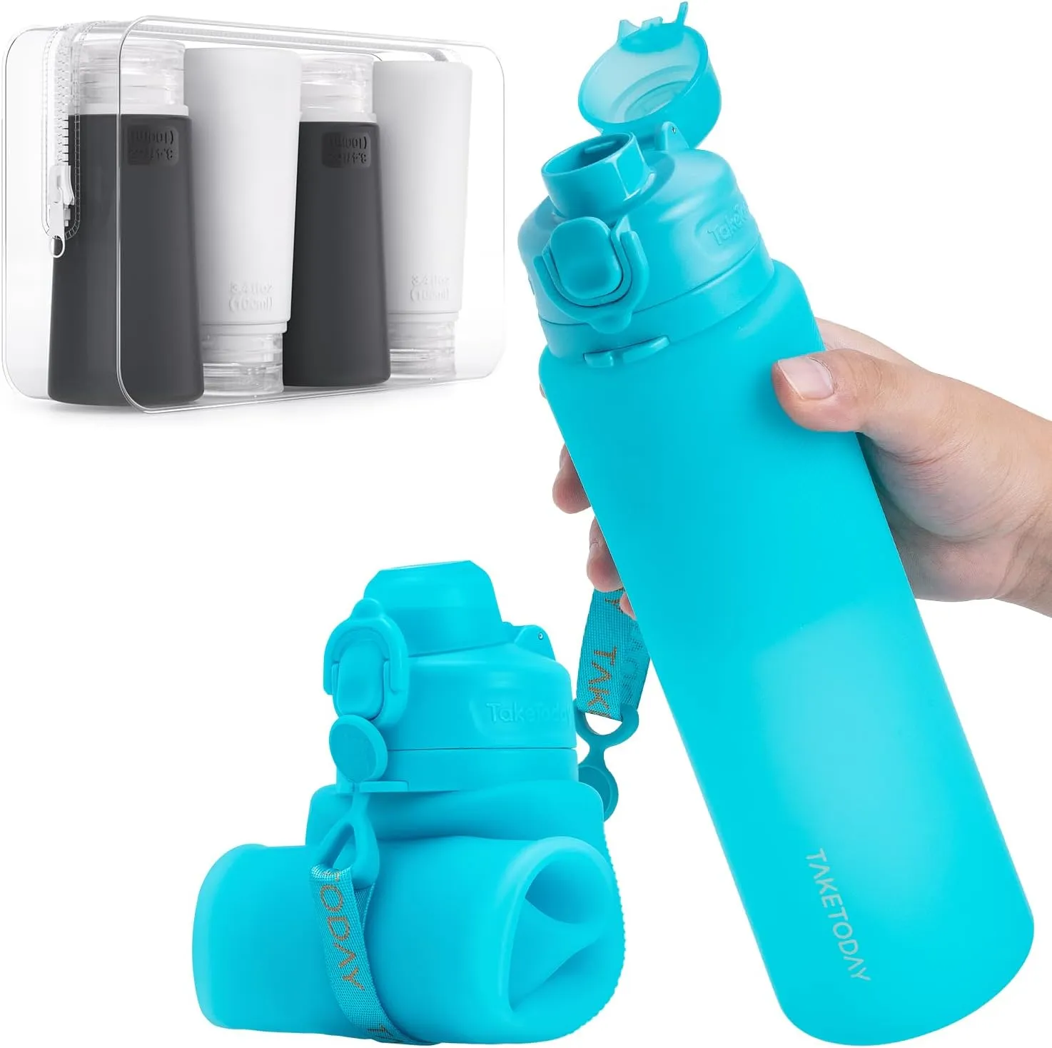 Collapsible Water Bottles 32oz, Foldable Travel Water Bottle with Strap, BPA Free, Silicone Water Bottle Leakproof for Hiking, International Travel, Outdoors (Blue)