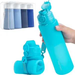 Collapsible Water Bottles 32oz, Foldable Travel Water Bottle with Strap, BPA Free, Silicone Water Bottle Leakproof for Hiking, International Travel, Outdoors (Blue)
