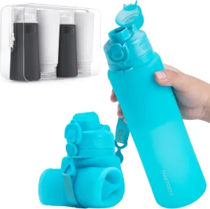 Collapsible Water Bottles 32oz, Foldable Travel Water Bottle with Strap, BPA Free, Silicone Water Bottle Leakproof for Hiking, International Travel, Outdoors (Blue)