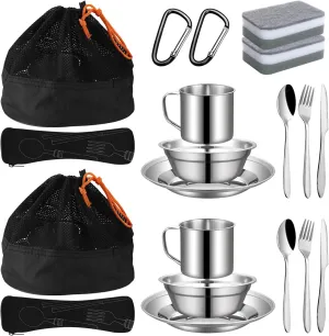 Complete Stainless Steel Mess Kit for 2, Includes Cups, Plates, Utensils, and Carrying Bag for Camping