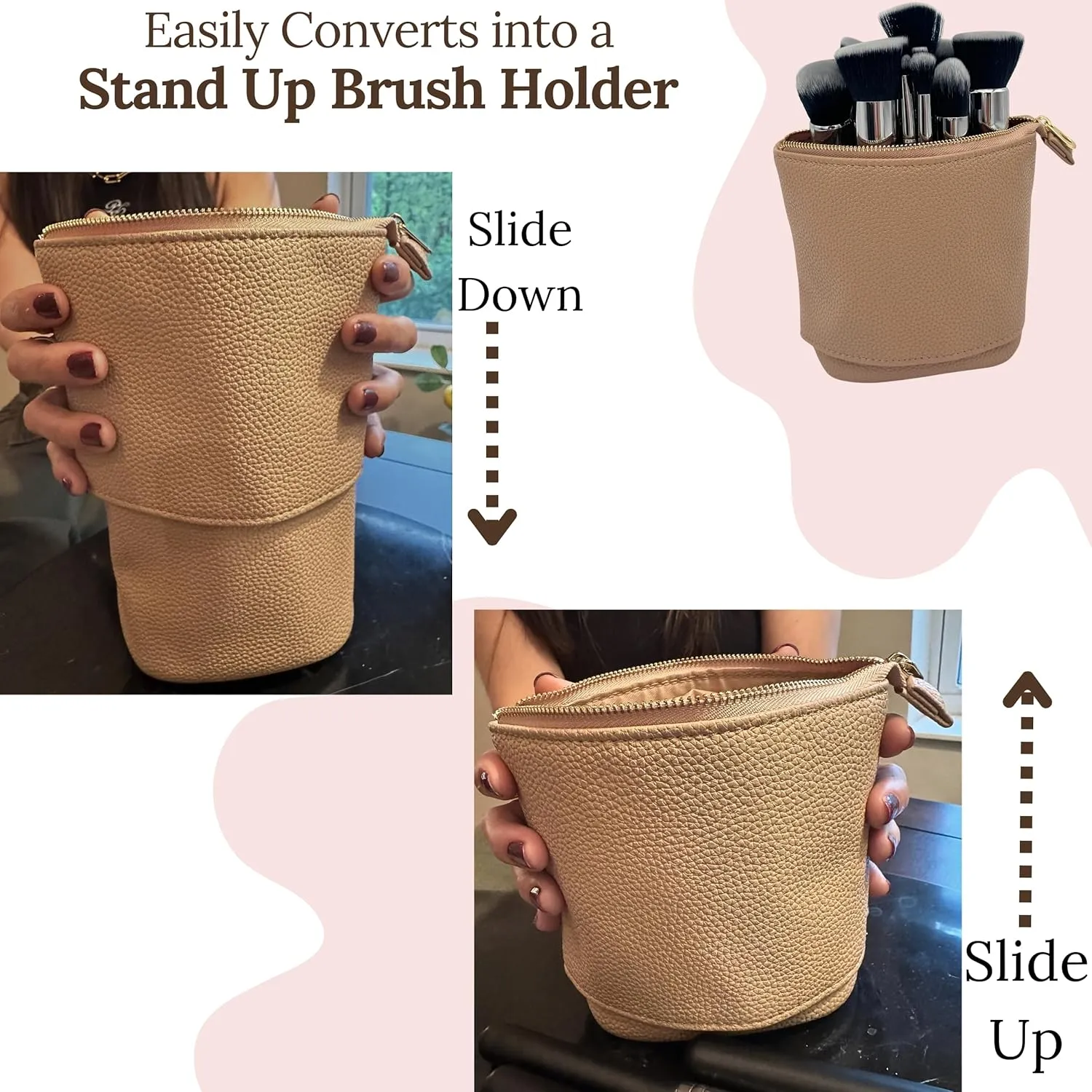 Convertible Travel Makeup Brush Bag, Stand-Up Brush Holder Pouch For Easy Access, Cosmetic Case Organizer (BEIGE)