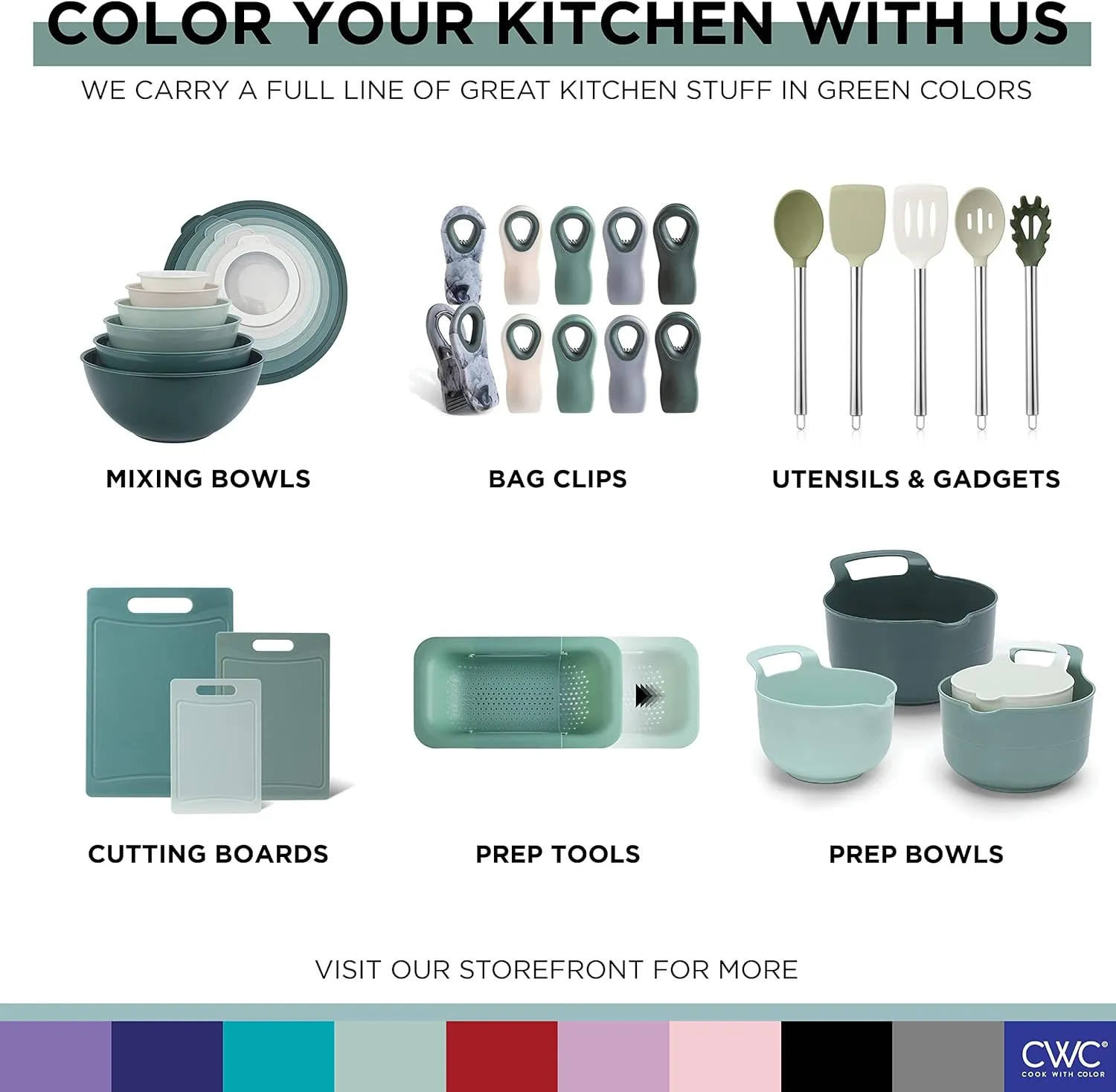 COOK WITH COLOR Stainless Steel Mixing Bowls Set - Nesting Bowls, 6 Pieces, Green