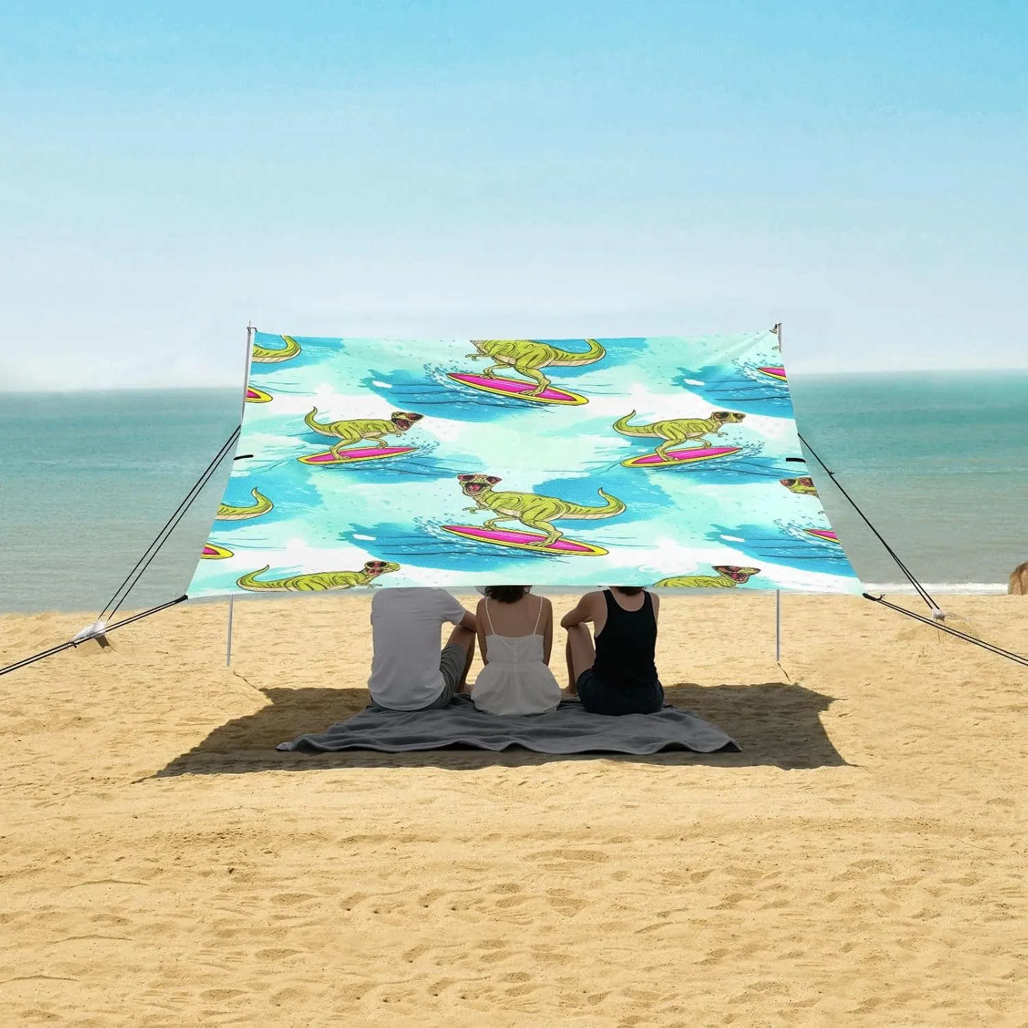 Cool Tyrannosaurus Rex Ocean Beach Tent Canopy 9.2 × 10.5 FT Sun Shade Outdoor Patio for Adults Waterproof Sand Camping Sun Shelter with Sandbags Anchor
