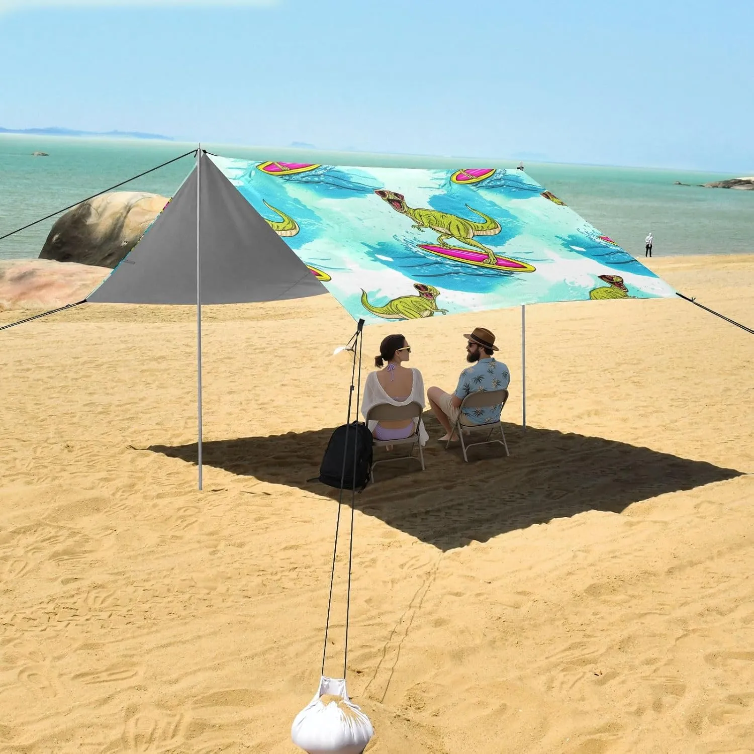 Cool Tyrannosaurus Rex Ocean Beach Tent Canopy 9.2 × 10.5 FT Sun Shade Outdoor Patio for Adults Waterproof Sand Camping Sun Shelter with Sandbags Anchor