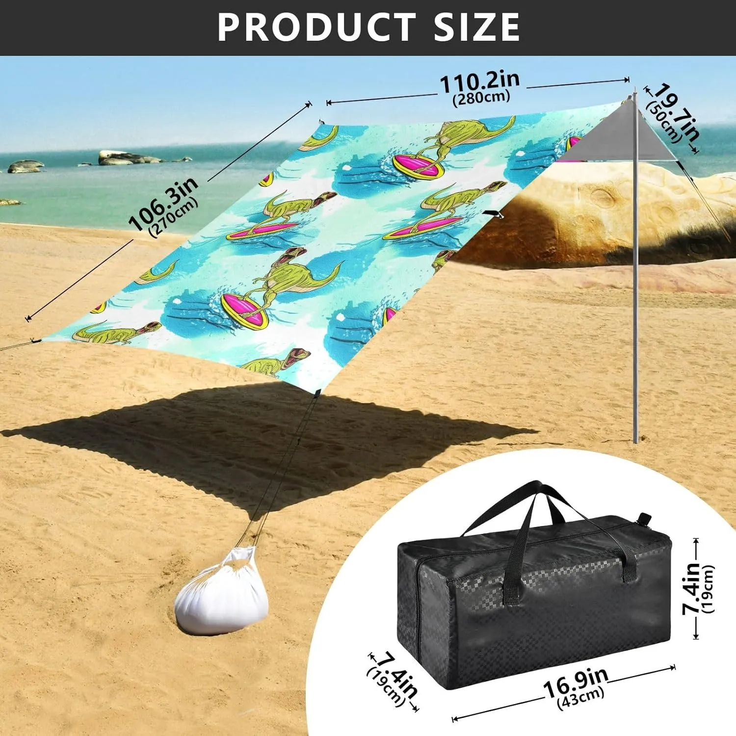Cool Tyrannosaurus Rex Ocean Beach Tent Canopy 9.2 × 10.5 FT Sun Shade Outdoor Patio for Adults Waterproof Sand Camping Sun Shelter with Sandbags Anchor