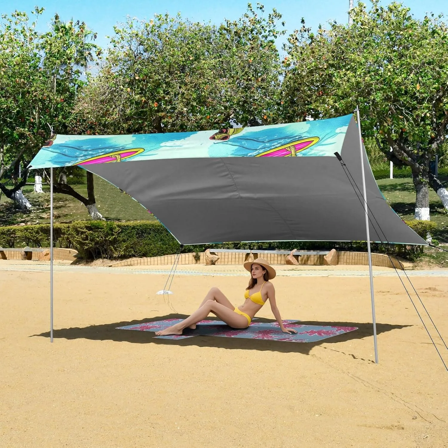 Cool Tyrannosaurus Rex Ocean Beach Tent Canopy 9.2 × 10.5 FT Sun Shade Outdoor Patio for Adults Waterproof Sand Camping Sun Shelter with Sandbags Anchor
