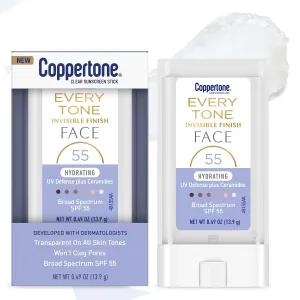 Coppertone Every Tone Invisible Finish Hydrating UV Defense Face Sunscreen Stick SPF 55 with Moisturizing Ceramides, Skin Care Gifts for Mom, Clear Sunscreen for All Skin Tones, 0.49 Oz Stick