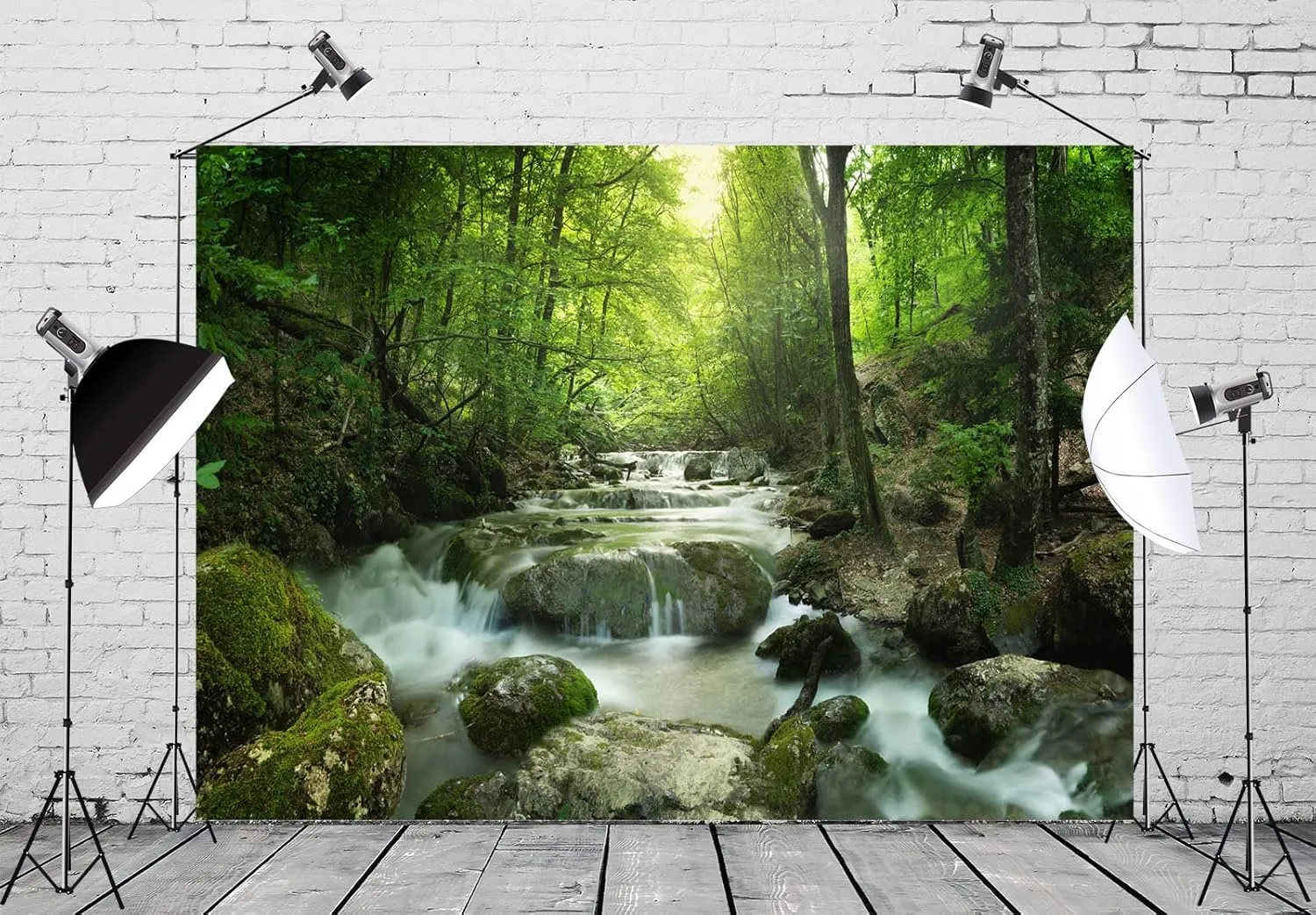 CORFOTO 7x5ft Fabric Forest Waterfall Backdrop Rocks Moss Waterfall Background Tropical Forest Photography Backdrop for Kids Adults Portrait Summer Vacation Hiking Tourism Photo Booth Studio Props