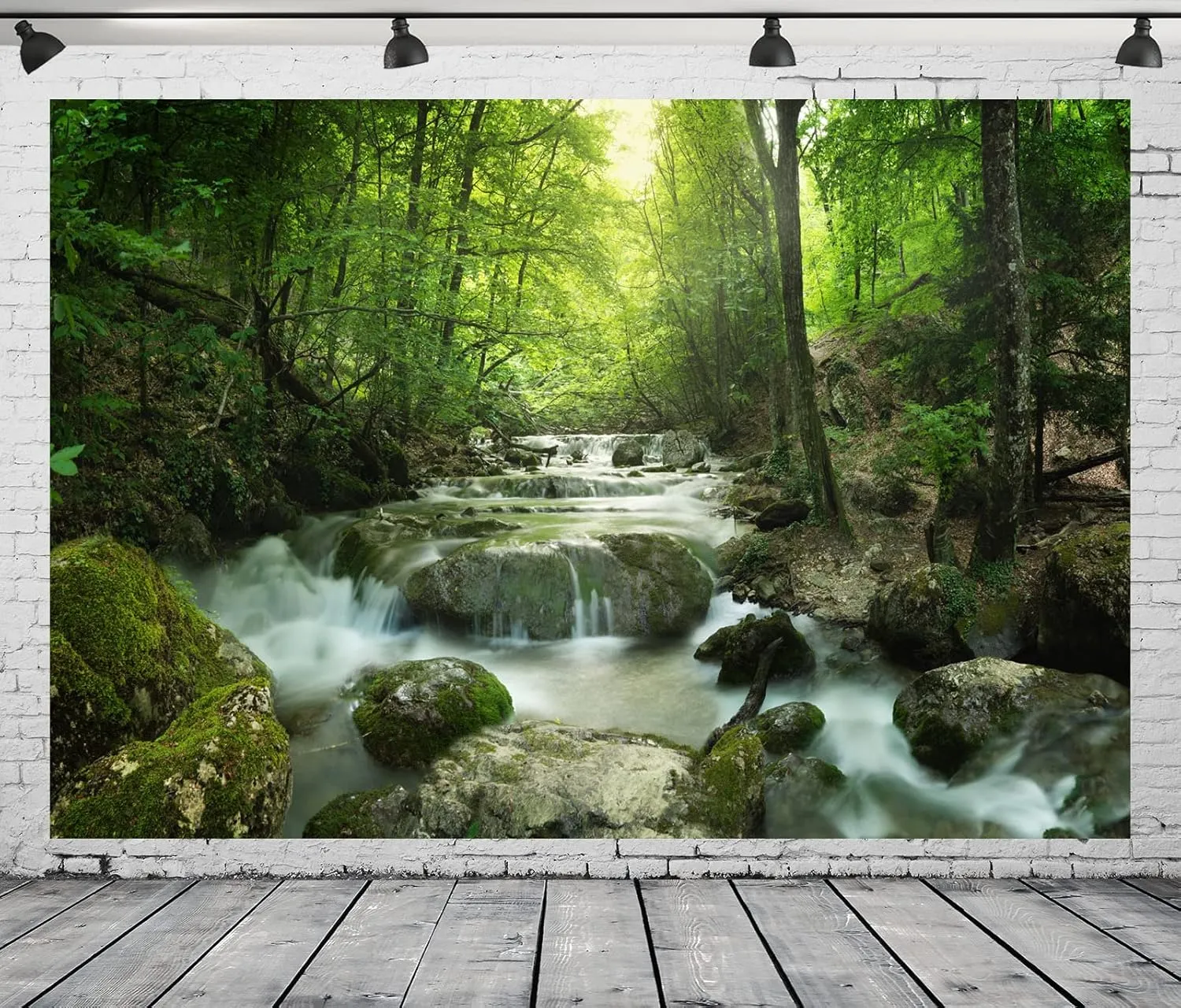 CORFOTO 7x5ft Fabric Forest Waterfall Backdrop Rocks Moss Waterfall Background Tropical Forest Photography Backdrop for Kids Adults Portrait Summer Vacation Hiking Tourism Photo Booth Studio Props