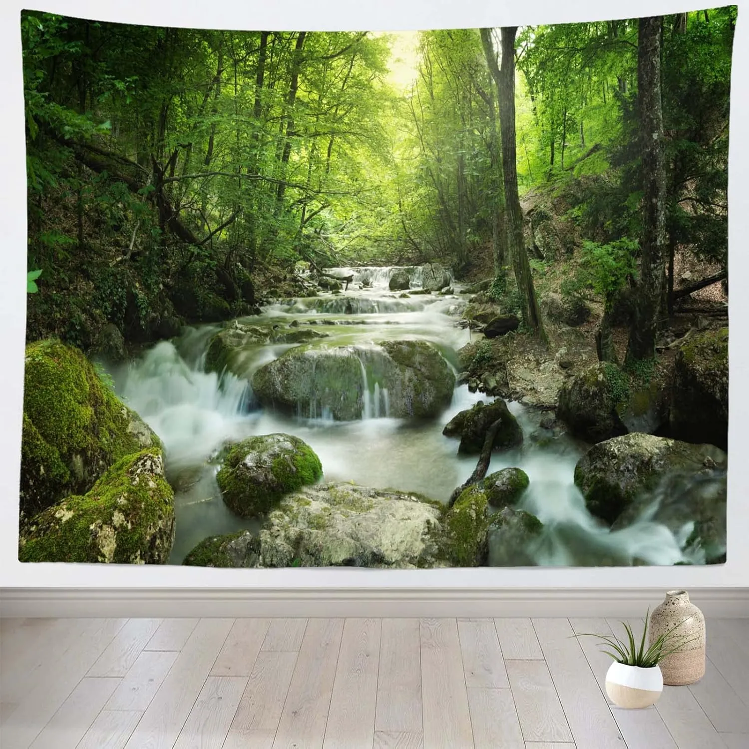 CORFOTO 7x5ft Fabric Forest Waterfall Backdrop Rocks Moss Waterfall Background Tropical Forest Photography Backdrop for Kids Adults Portrait Summer Vacation Hiking Tourism Photo Booth Studio Props