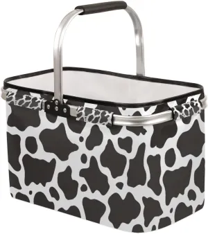 Cow Print Collapsible Market Basket, Leakproof Folding Collapsible Portable Picnic Basket Strong Aluminum Frame for Travel, Shopping, Camping & Lake Trips