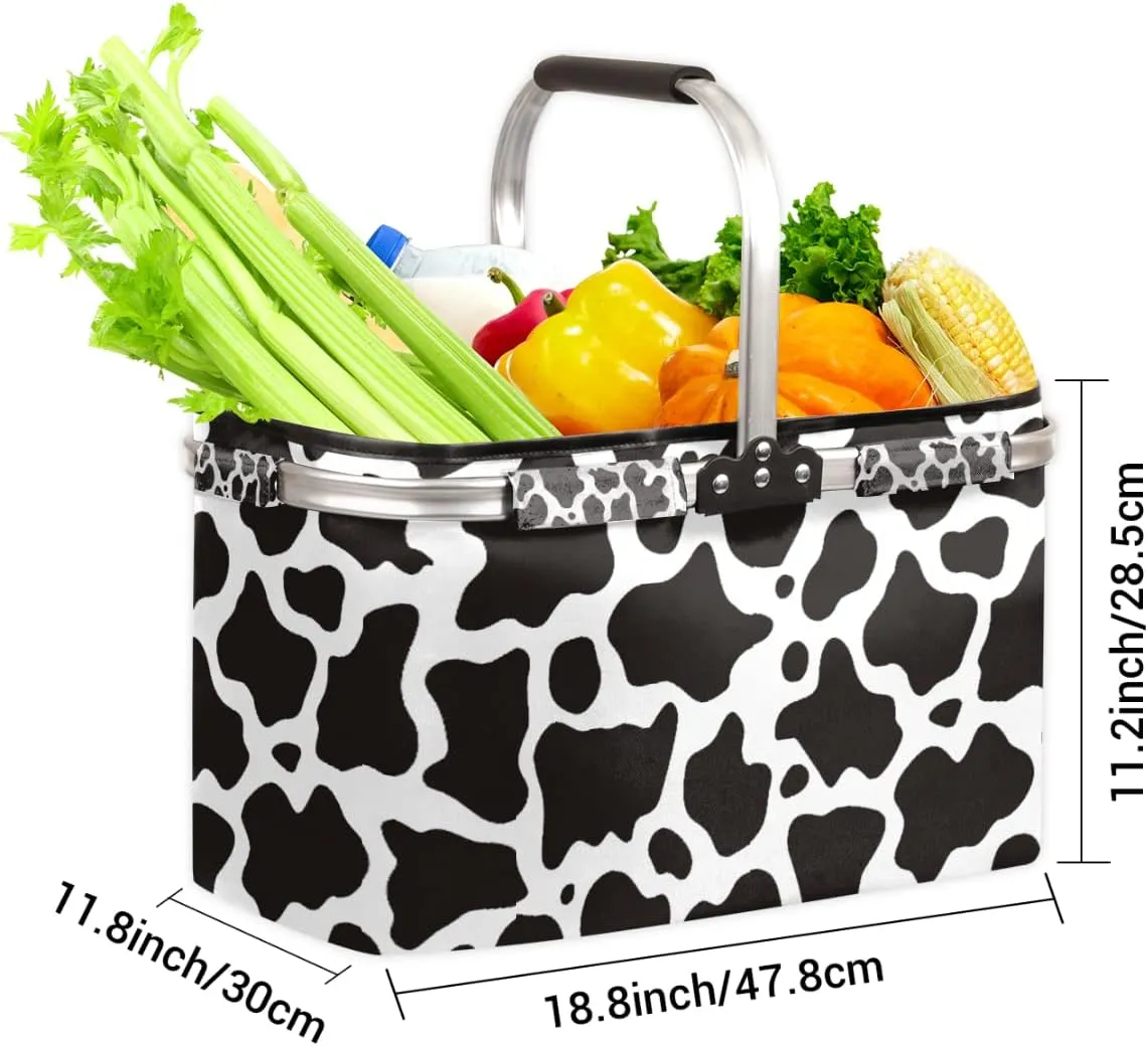 Cow Print Collapsible Market Basket, Leakproof Folding Collapsible Portable Picnic Basket Strong Aluminum Frame for Travel, Shopping, Camping & Lake Trips