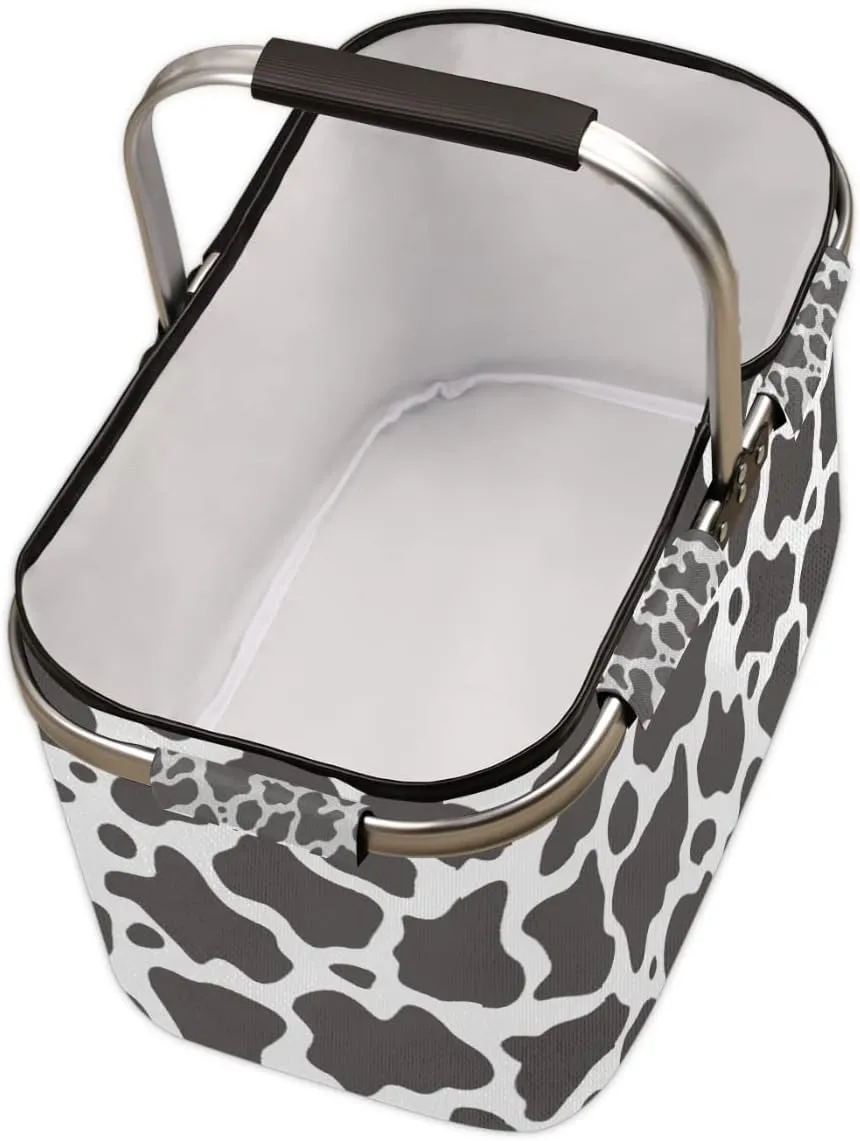 Cow Print Collapsible Market Basket, Leakproof Folding Collapsible Portable Picnic Basket Strong Aluminum Frame for Travel, Shopping, Camping & Lake Trips