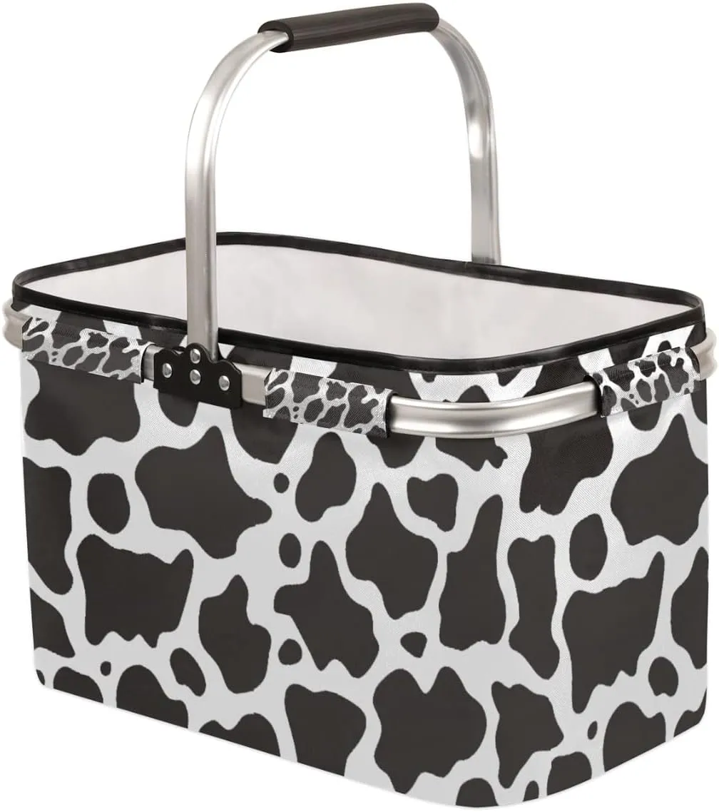 Cow Print Collapsible Market Basket, Leakproof Folding Collapsible Portable Picnic Basket Strong Aluminum Frame for Travel, Shopping, Camping & Lake Trips