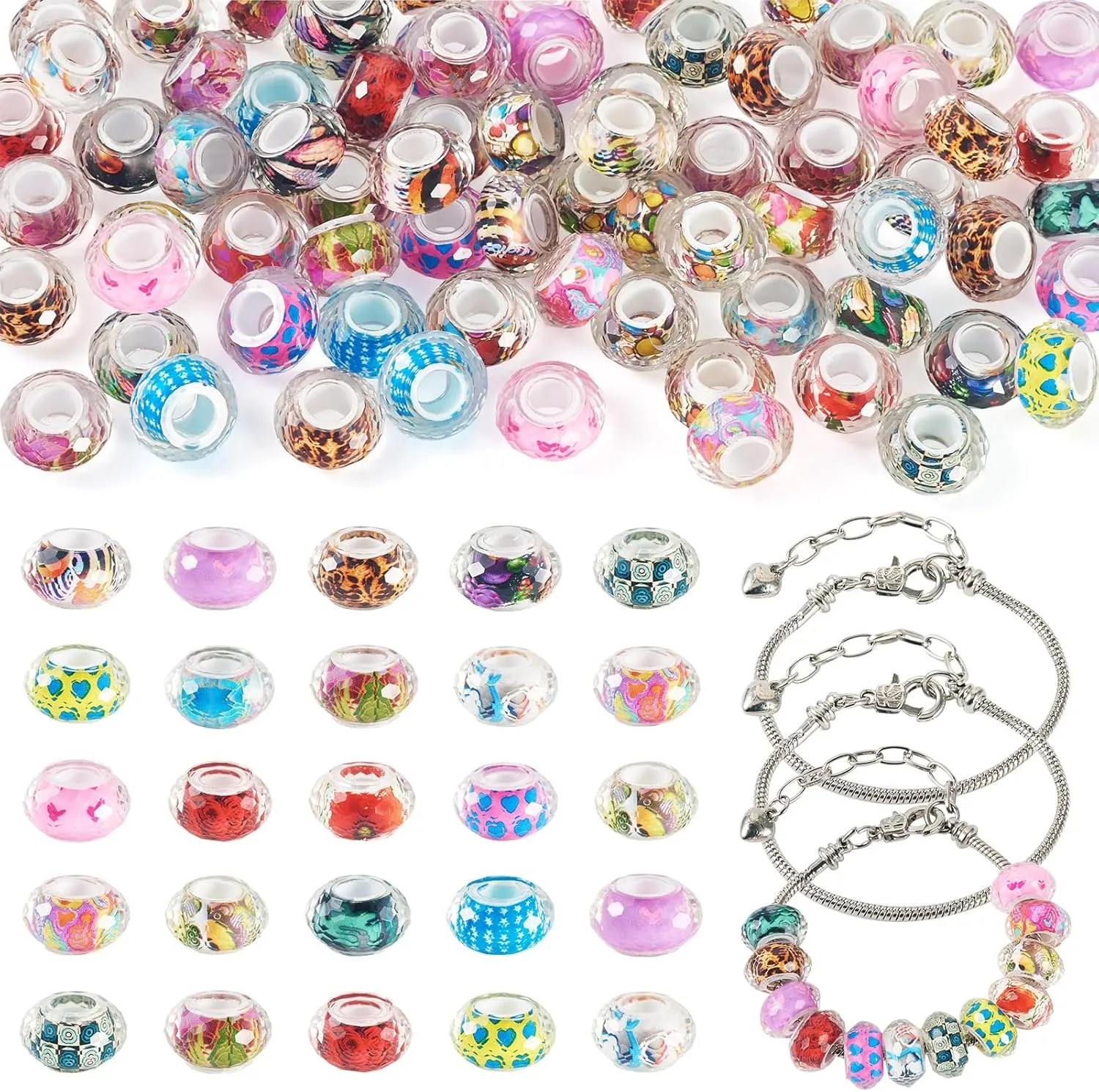 Craftdady European Bracelete Kits 6pcs 7-1/8 inch Stainless Steel Bracelets 72pcs 14mm Rondelle Resin European Large Hole Beads for Bracelet Slider Charms Colorful Loose Spacer Beads