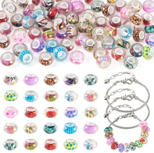 Craftdady European Bracelete Kits 6pcs 7-1/8 inch Stainless Steel Bracelets 72pcs 14mm Rondelle Resin European Large Hole Beads for Bracelet Slider Charms Colorful Loose Spacer Beads