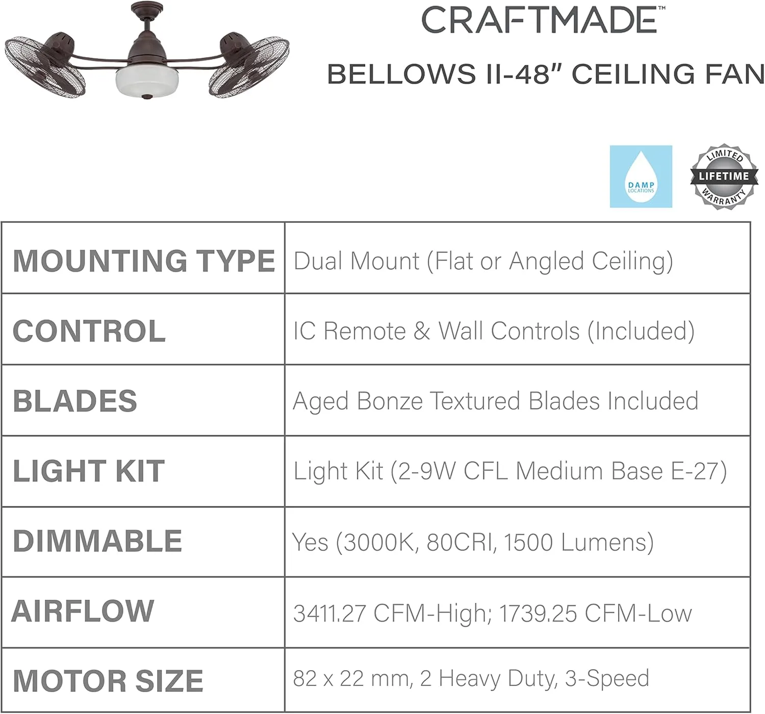 Craftmade BW248AG6 Bellows II Retro-industrial Indoor/Outdoor Damp Locations 48" Cage Ceiling Fan Patio with Light & Remote, Aged Bronze Textured