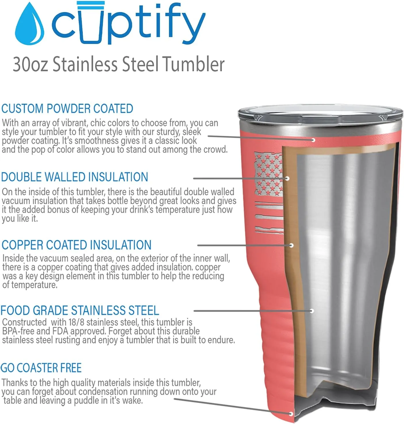 Crew American Flag Laser Engraved Guava 30 oz Stainless Steel Tumbler Rowing Crew Gift with Lid Insulated Cup